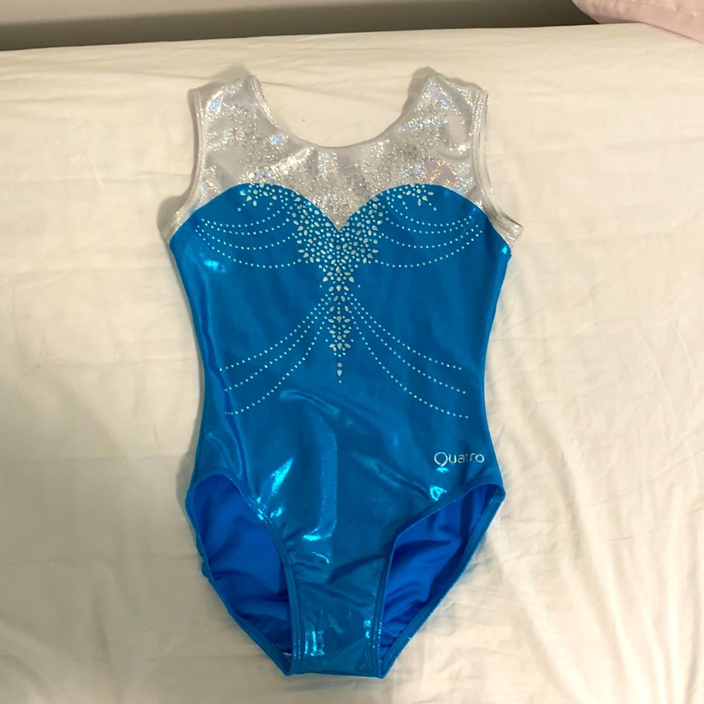 Blue and silver gymnastics leotard